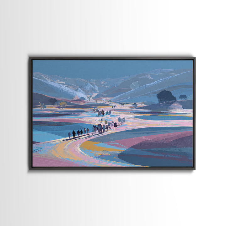 Pastel Mountain Valley Caravan Wall Art, African Landscape Inspired Travel Print, Blue Pink Nature Scene Art, Large Decor