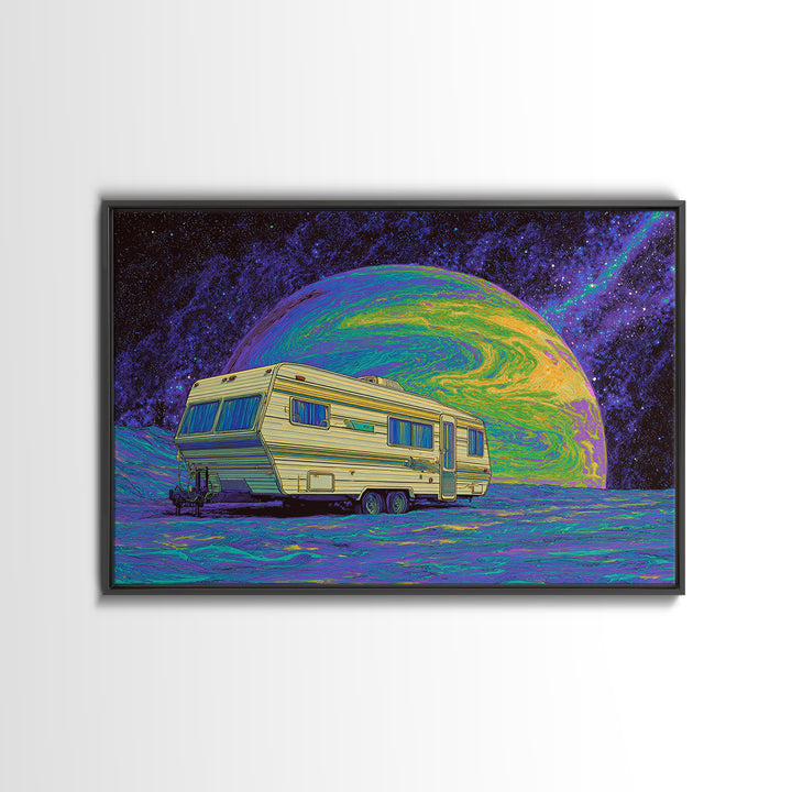 Retro Camper On Psychedelic Alien Planet Canvas Print, Digital Art, Afrofuturism Decor, Space Travel Poster, Unique Wall Decor