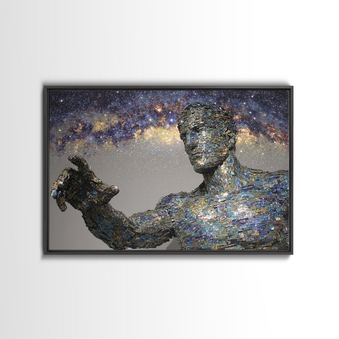 Faceless Cosmic Figure Reaching To Stars Framed Canvas Print, Modern Sculpture Art, Galaxy Wall Decor, Unique Canvas Art