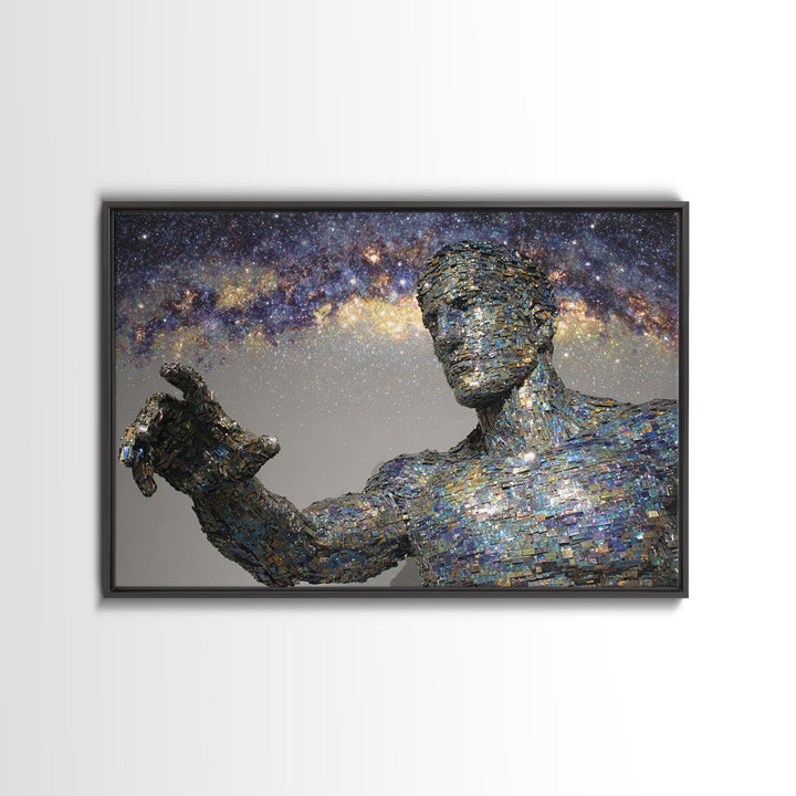 Faceless Cosmic Figure Reaching To Stars Framed Canvas Print, Modern Sculpture Art, Galaxy Wall Decor, Unique Canvas Art