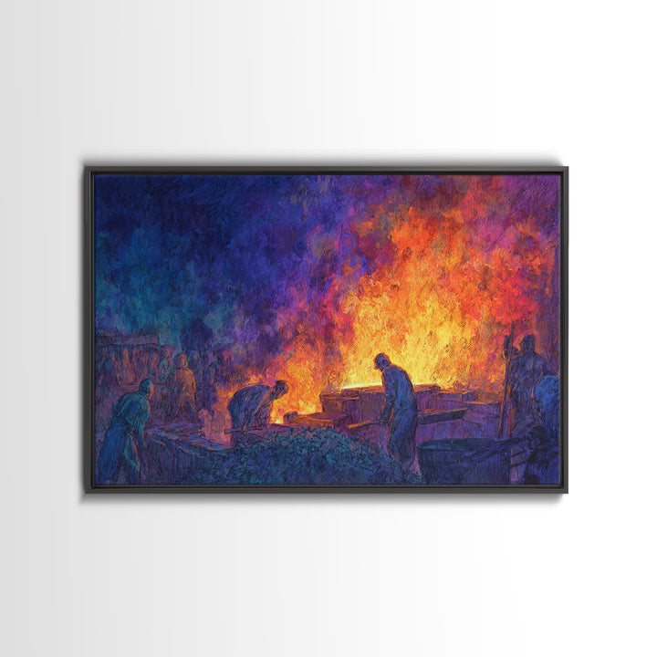 Workers Around Blazing Forge Wall Art, African American Art, Industrial Painting, Blue Orange Decor, Cultural Home Decor
