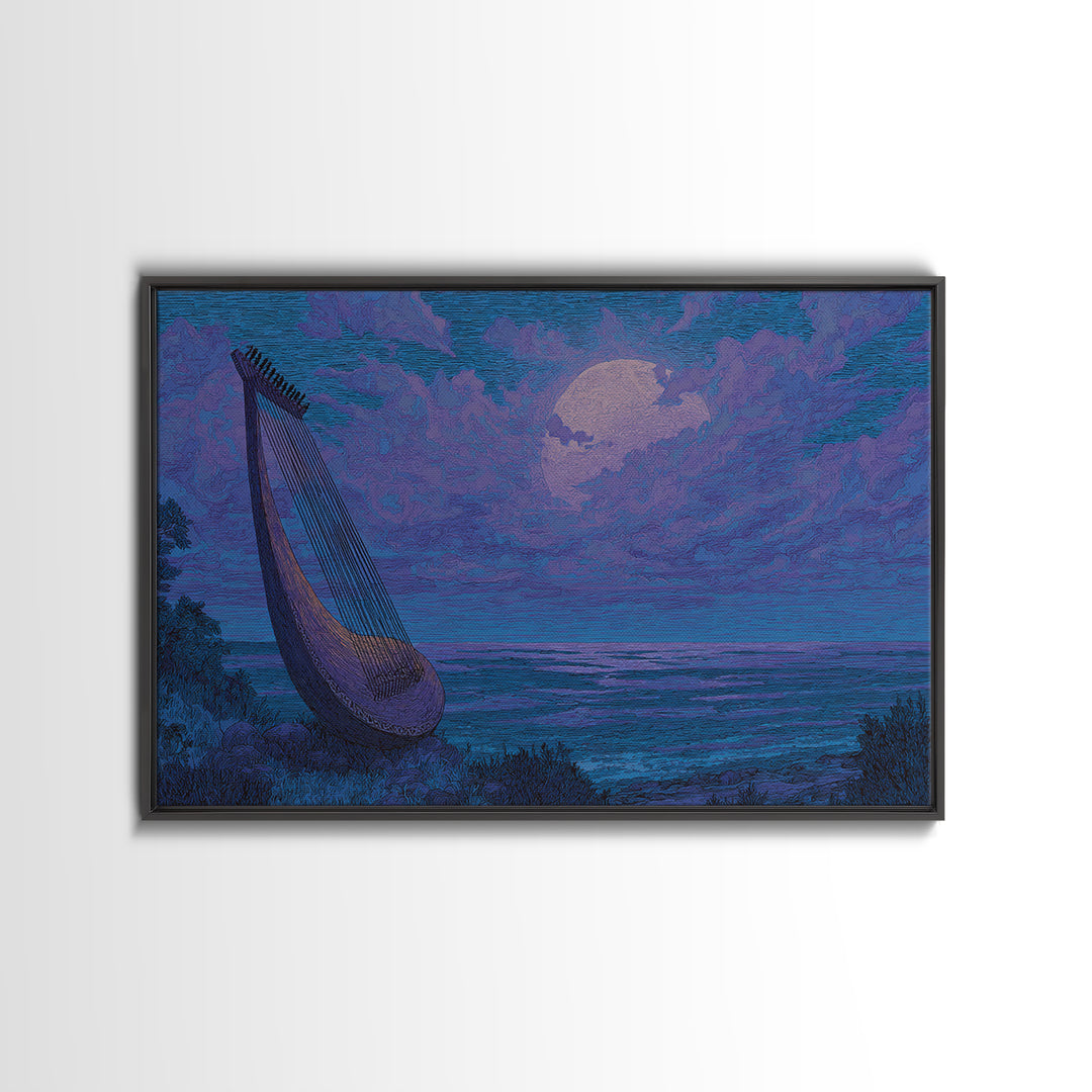 Moonlit African Kora By Ocean, Blue Purple Canvas Print, Afrocentric Wall Decor, African Music Art, Dreamy Coastal Decor