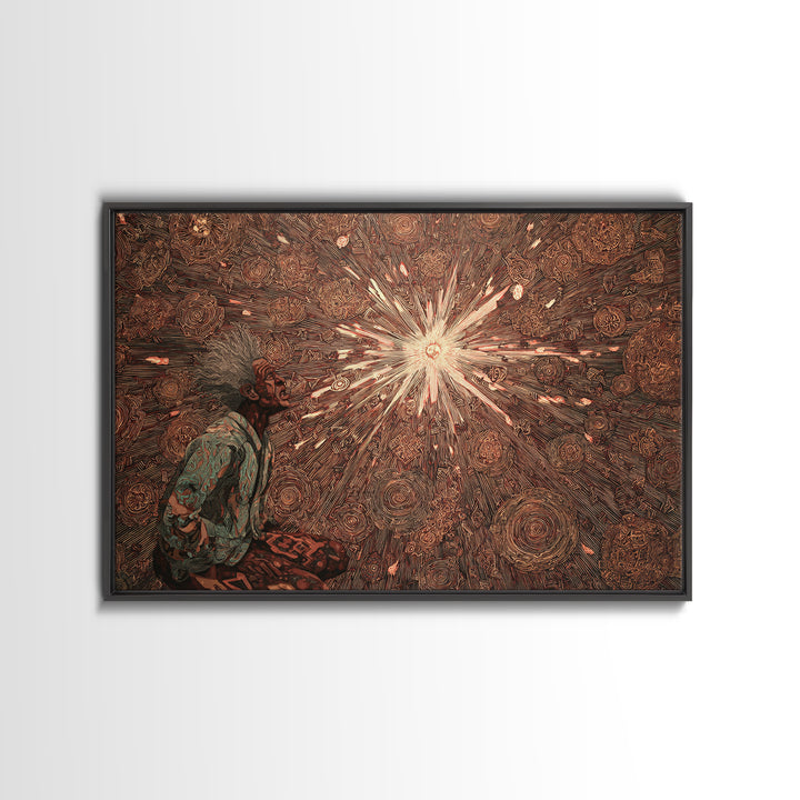 Seated African Mystic With Radiant Star, Framed Canvas Print, Afrocentric Wall Art, Spiritual Decor, Black Culture Art Gift