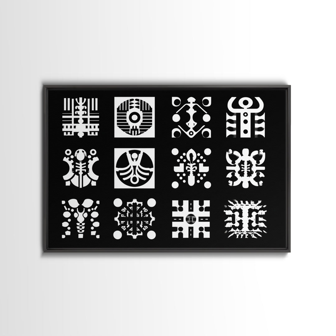 Black And White African Tribal Symbols Wall Art, Geometric Pattern Print, Afrocentric Decor, Modern African Art, Bold Office Decor