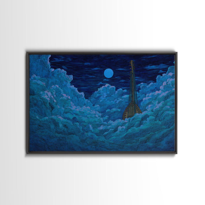 Blue Moon African Kora In Clouds Canvas Print, Dreamy Night Sky Wall Art, Afrocentric Music Decor, Mystical Bedroom Decor