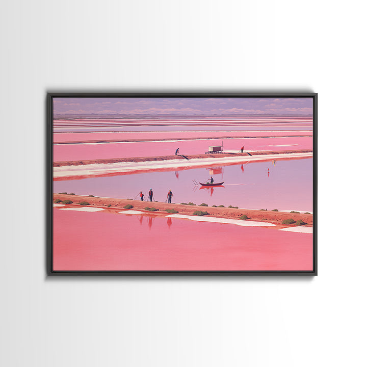 Pink African Salt Lake With Boats Wall Art, Senegal Inspired Landscape, Pastel Travel Print, Coastal Home Decor, Unique Gift