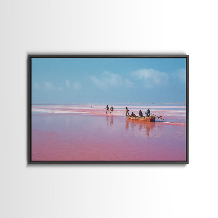 Pink Lake Boat With African Fishermen Wall Art, Senegal Travel Photography, Coastal Canvas Print, Pastel Blue Home Decor Gift