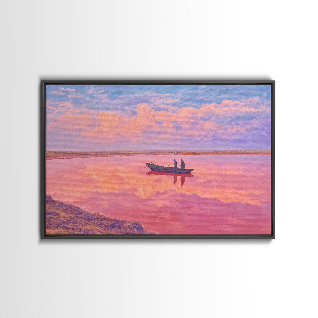 Pastel Pink Lake Boat At Sunset Canvas Print, African Landscape Wall Art, Dreamy Coastal Decor, Senegal Inspired Travel Gift
