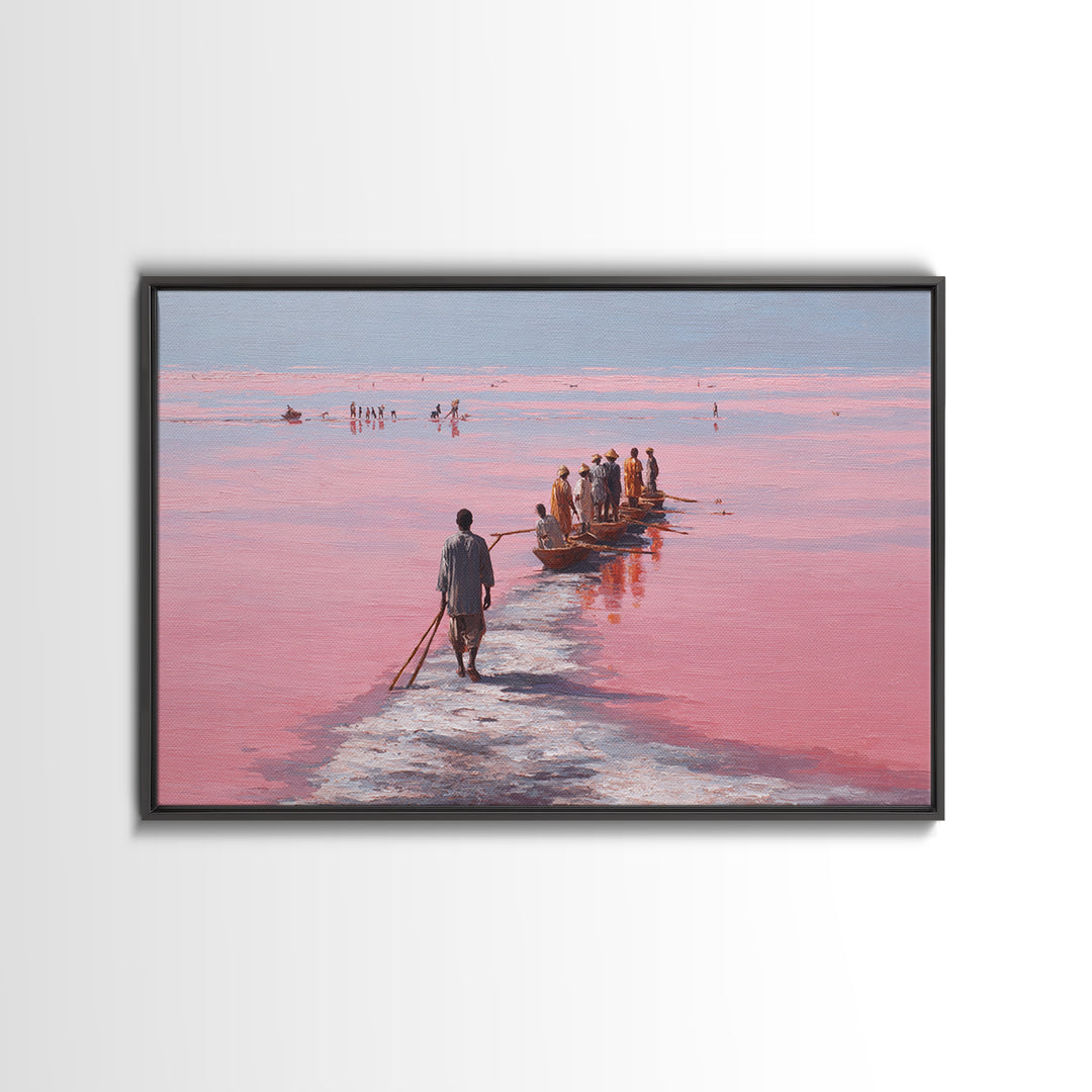 Pink Salt Lake Fishermen And Boats Wall Art, African Landscape, Senegal Travel Poster, Coastal Fishing Decor, Large Canvas
