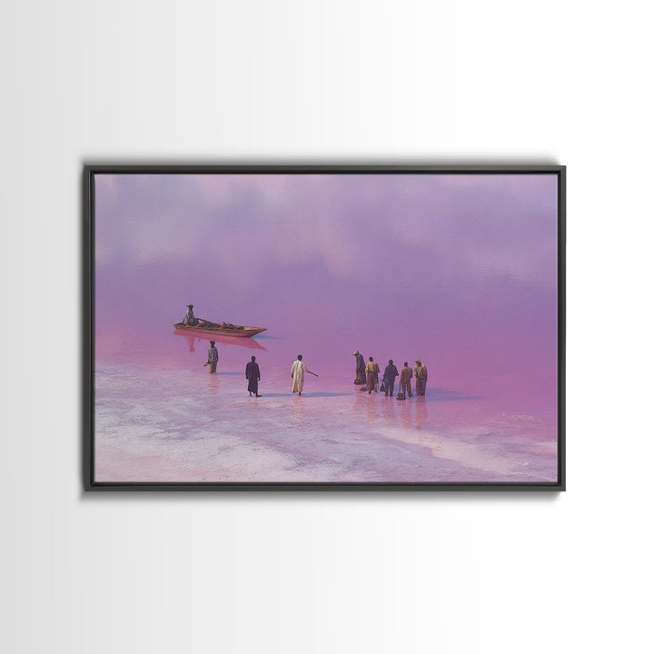 Purple Pink Salt Lake Boat Scene Wall Art, African Landscape, Coastal Travel Poster, Cultural Home Decor, Large Canvas Print