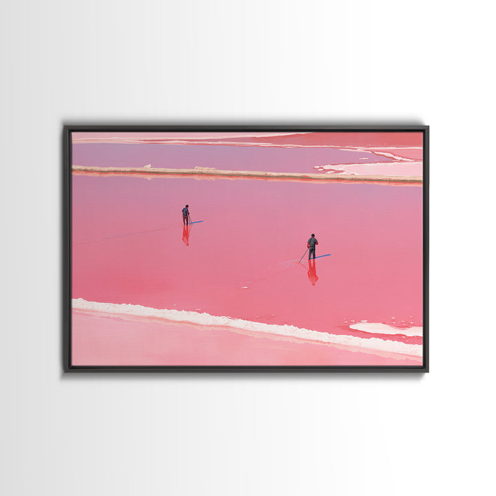 Two Figures Walking Pink Salt Flats Wall Art, Minimalist African Landscape, Dreamy Pink Decor, Modern Coastal Canvas Print