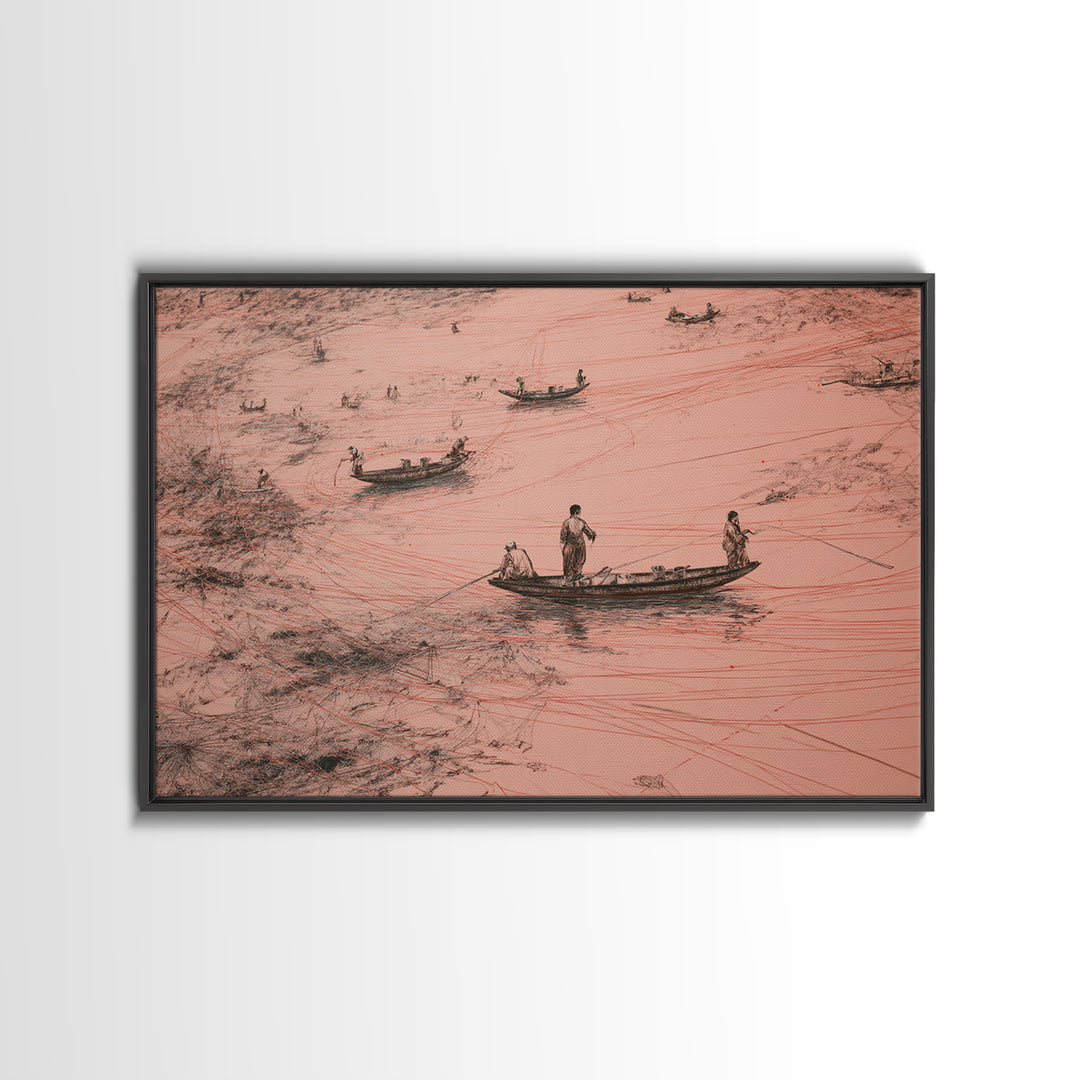 Aerial Pink Salt Lake Boats And Tracks Wall Art, African Landscape, Minimalist Coastal Poster, Earth Tone Canvas Print Decor