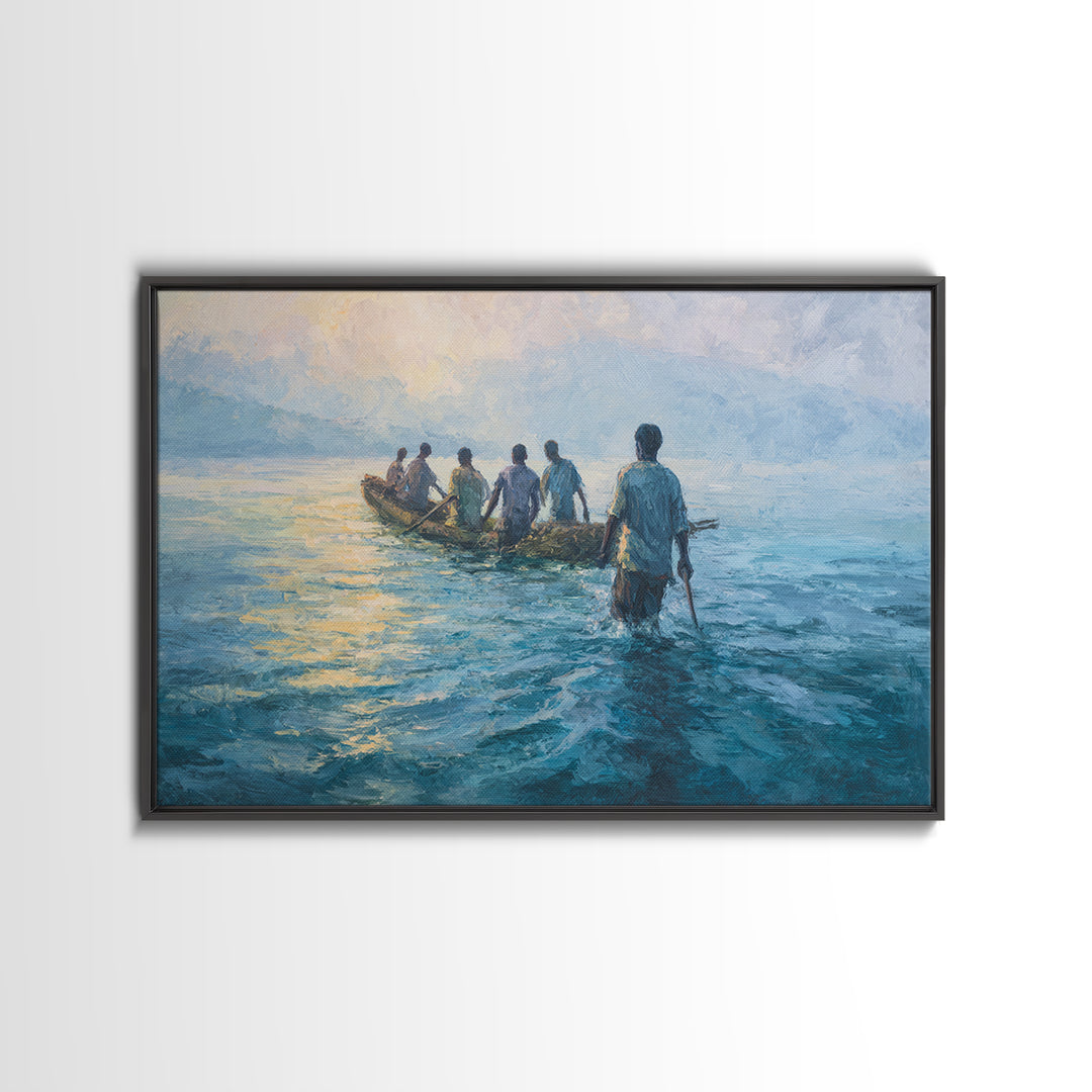 Blue Lake Fishermen In Canoe Canvas Print, African Art Print, Coastal Water Painting, Living Room Decor, Unique Canvas Gift
