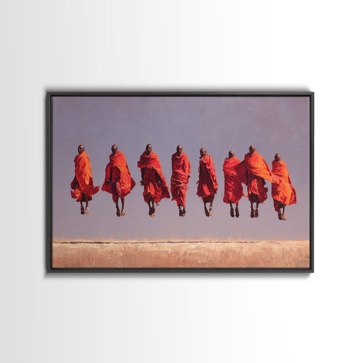 Seven Red Robed Maasai Jumpers Wall Art, African Tribal Art, East Africa Painting, Bold Wall Decor, Empowered Women Gift