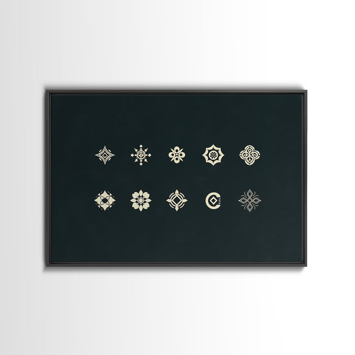 Cream Tribal Symbols On Black Canvas Print, African Patterns, Geometric Wall Art, Minimalist Decor, Ethnic Home Decor Gift