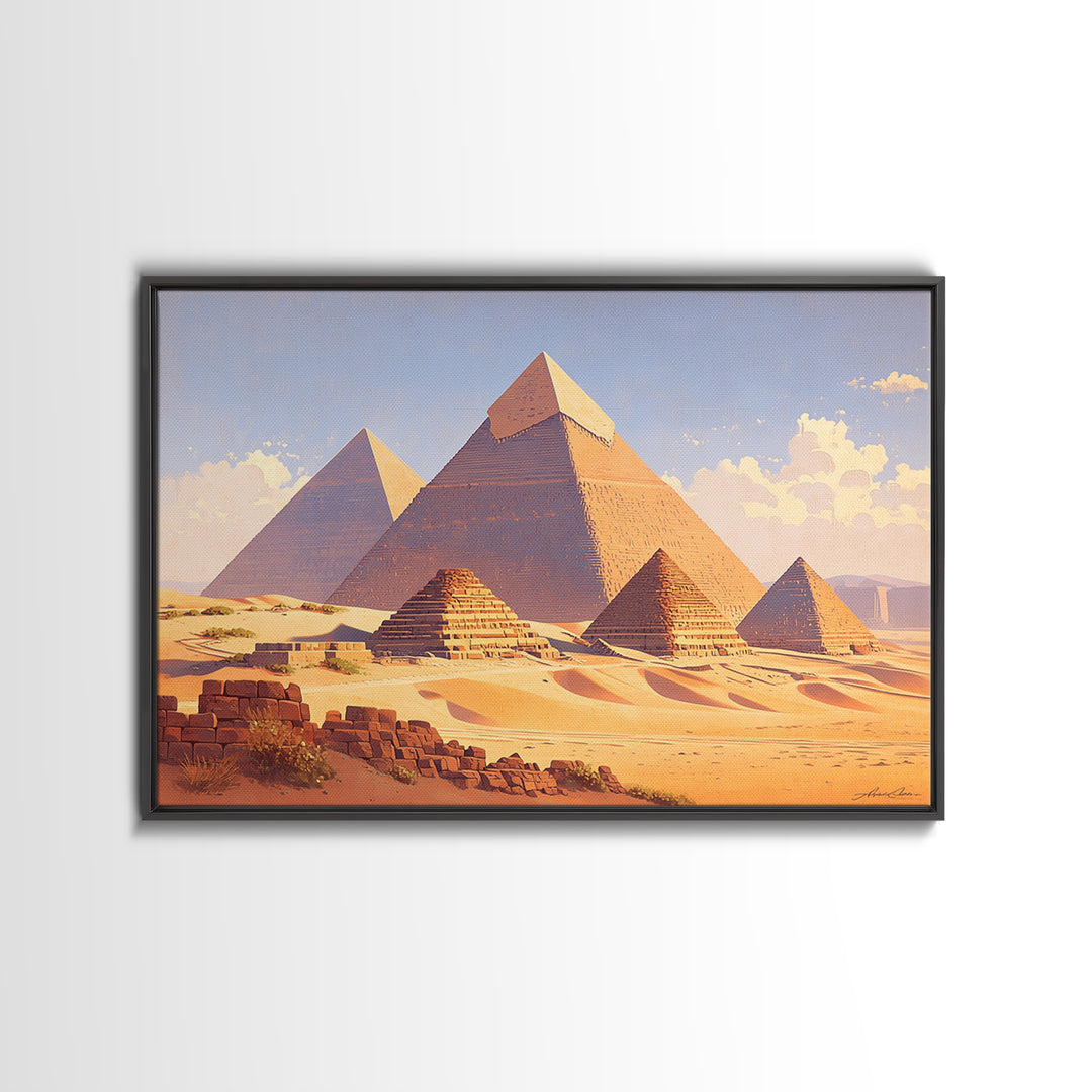 Warm Sunset Egyptian Pyramids Framed Canvas Print African Egyptian Art Ancient Desert Landscape Wall Decor Travel Poster Gift