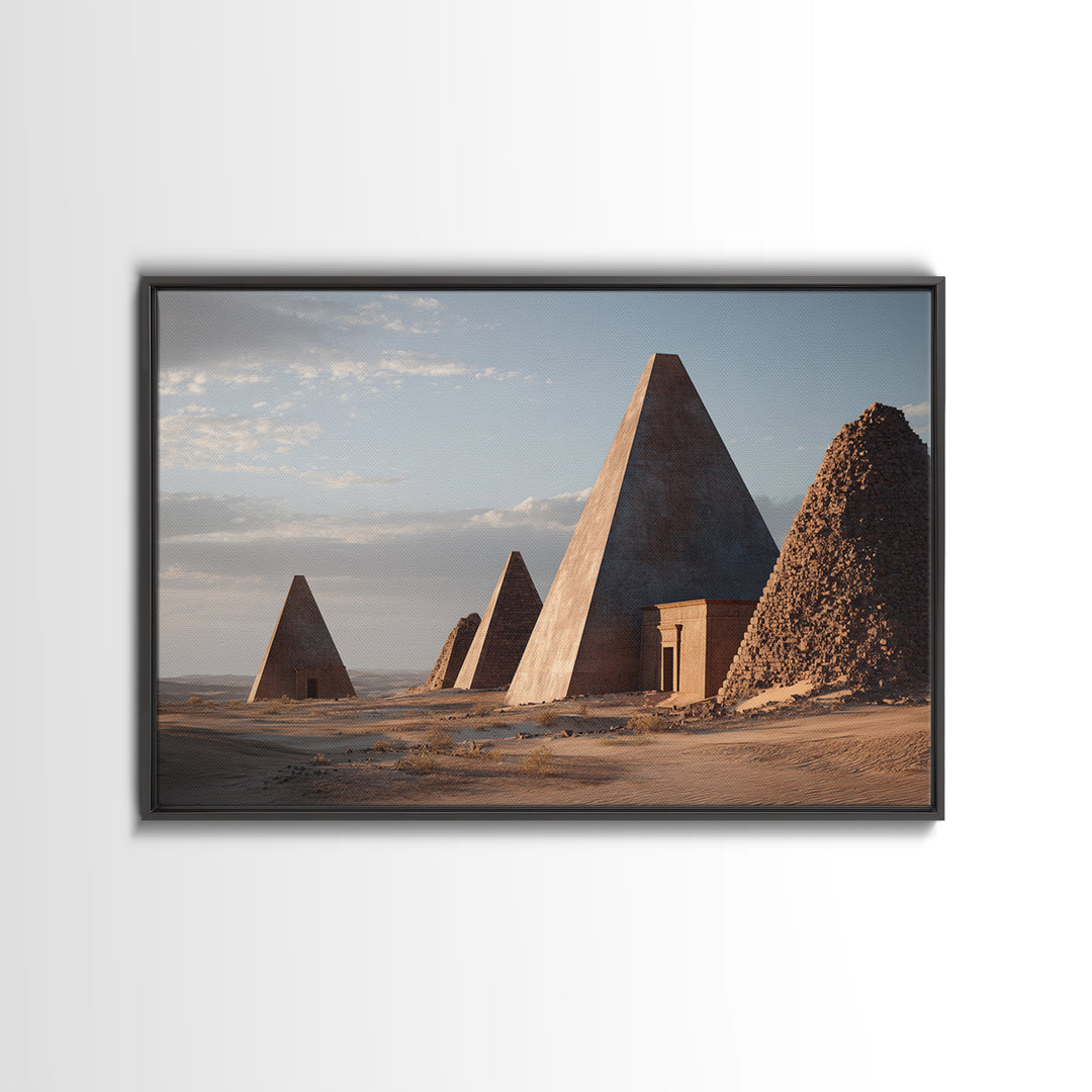 Monumental Nubian Pyramids In Desert Framed Canvas Print, Ancient African Art, African Landscape, Cultural Wall Decor, Home Decor Gift