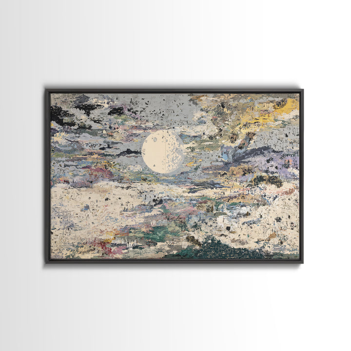 Textured Full Moon Over Abstract Clouds Framed Canvas Print, Abstract Wall Art, Modern Art, Beige Wall Art, Elegant Home Decor