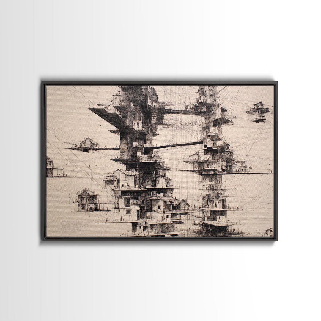 Futuristic Floating Tower City Wall Art, Architectural Illustration Art, Modern Wall Decor, Black And White Art, Office Art