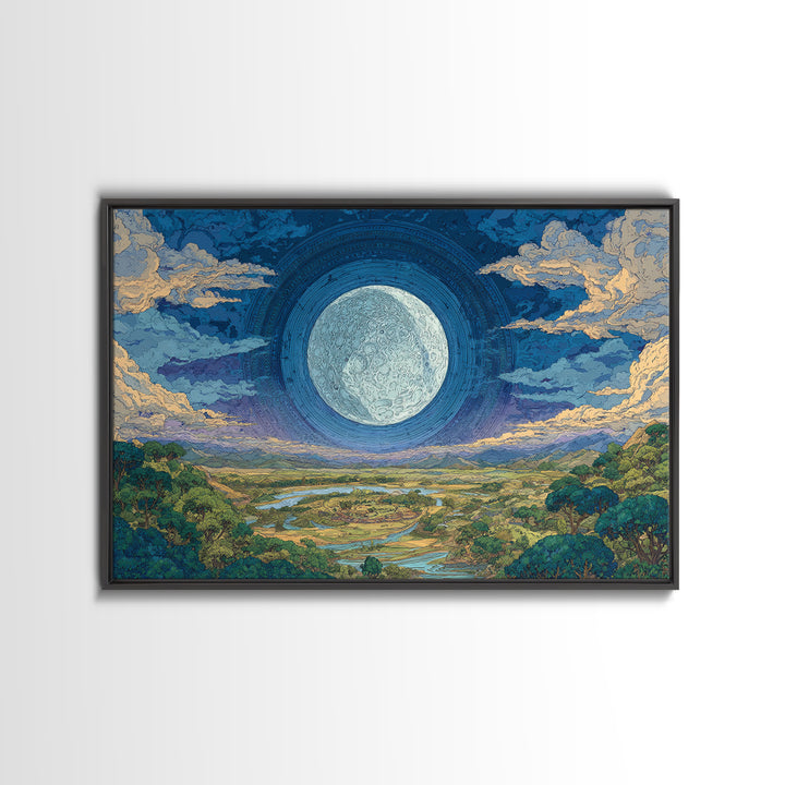 Giant Moon Over River Valley Canvas Print, Dreamy Wall Art, Nature Scene Art, Blue And Green Decor, Landscape Wall Decor