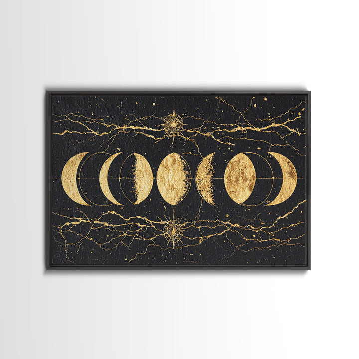 Gold Moon Phase Celestial Wall Art, Black Marble Lunar Decor, Mystical Astronomy Print, Boho Spiritual Home Decor Gift For Her