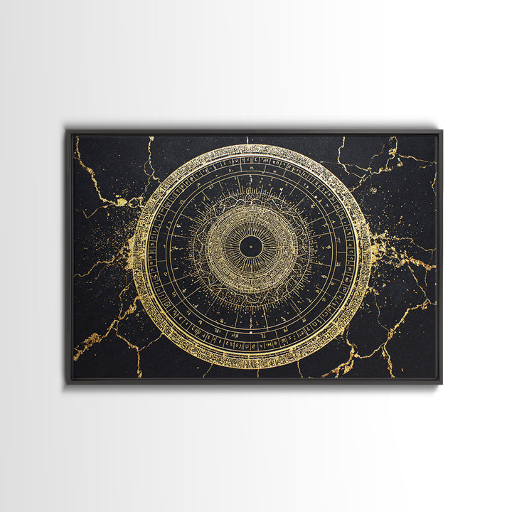 Gold Zodiac Wheel Framed Canvas Print, Astrological Chart Wall Decor, Celestial Astronomy Art, Mystical Home Decor Gift Idea
