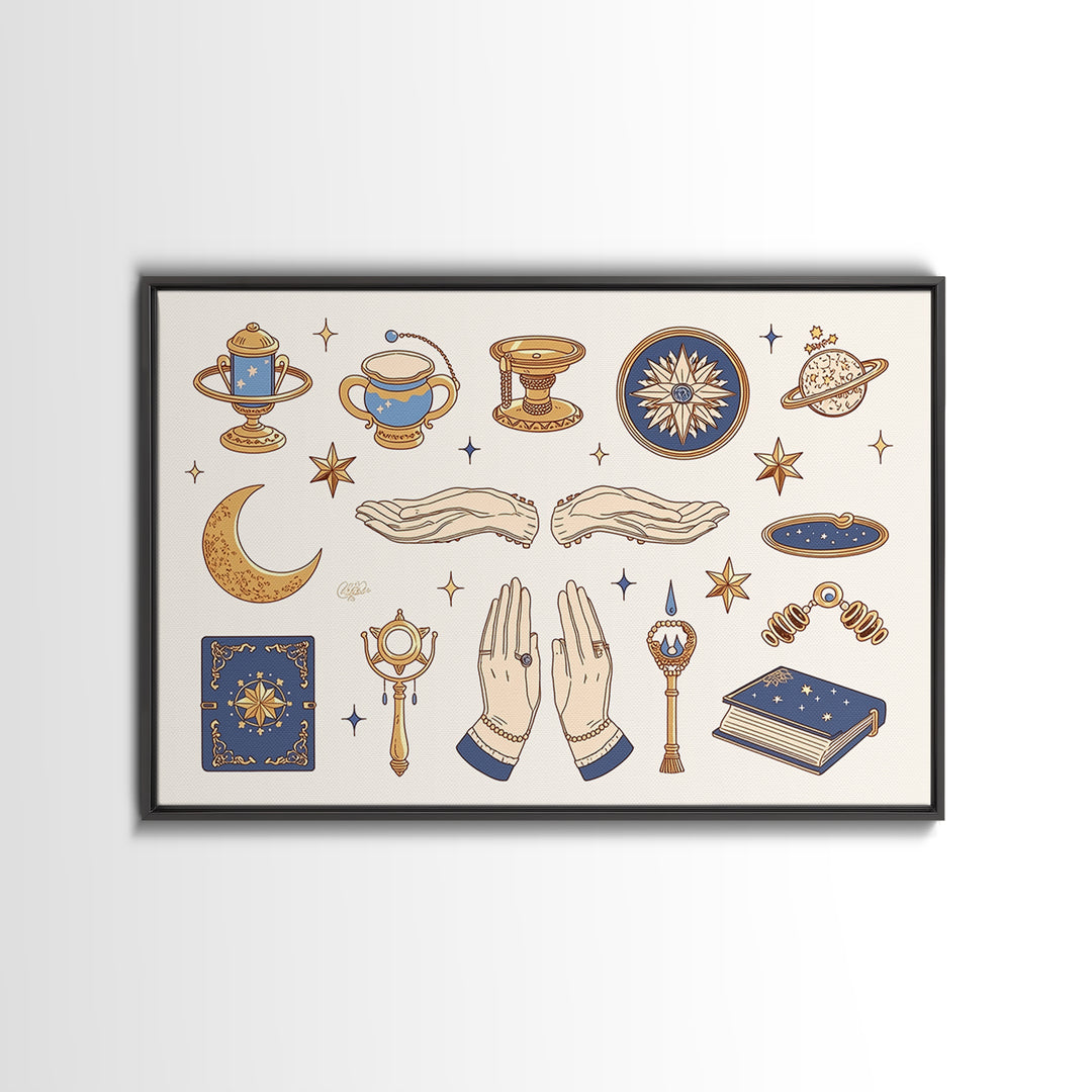 Mystic Witch Hands And Stars Wall Art, Occult Objects Illustration, Tarot Celestial Decor, Boho Spiritual Gift For Her Print