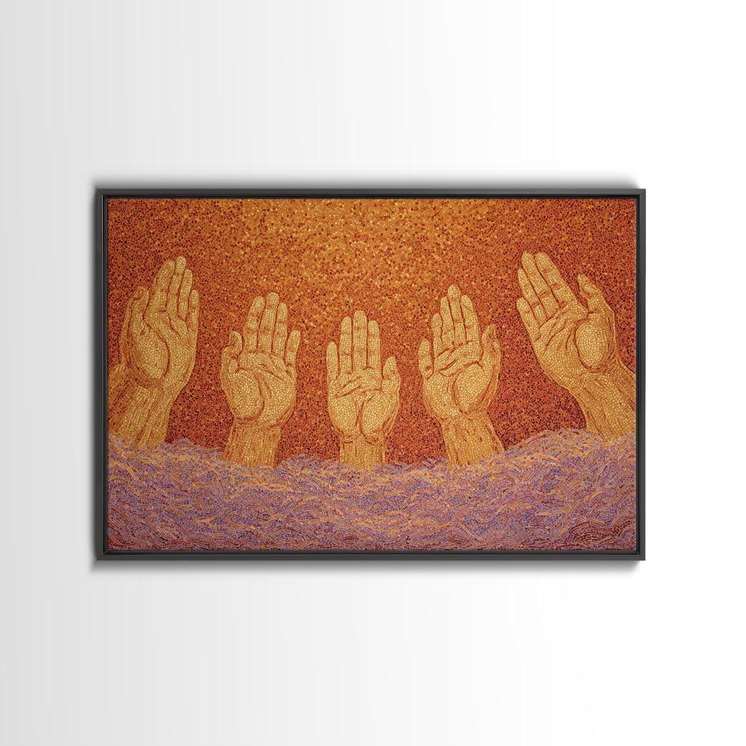 Golden Raised Hands Wall Art, Orange Mosaic Spiritual Painting, Empowerment Prayer Decor, Abstract Contemporary Home Gift