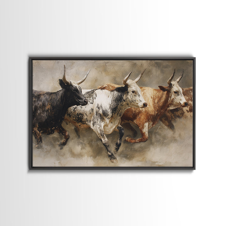Three Longhorn Bulls In Motion Framed Canvas Print, African Safari Decor, Rustic Western Animal Wall Art For Living Room