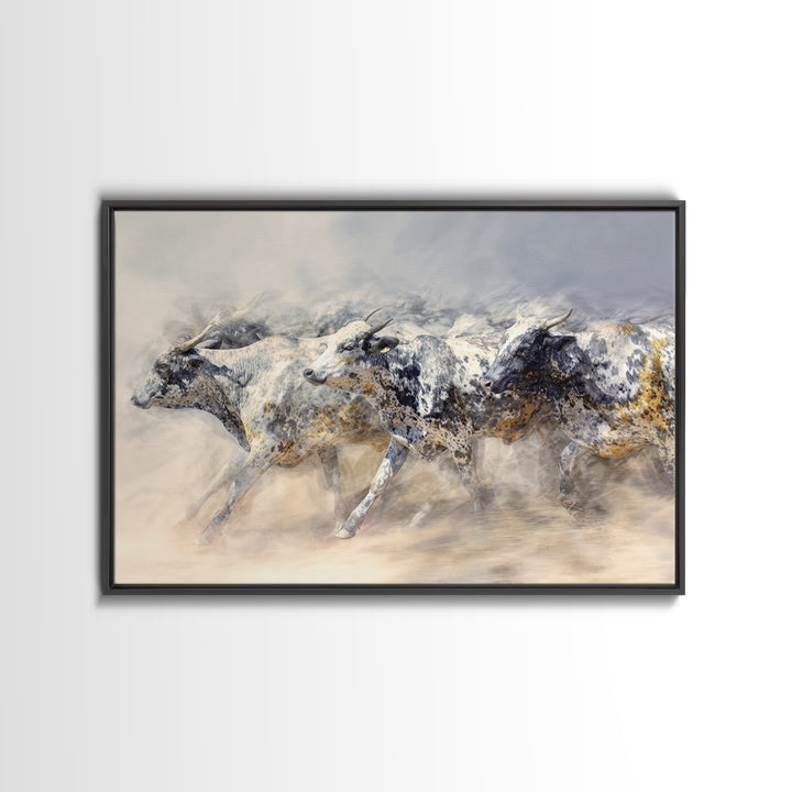 Dusty Spotted Bulls Racing Across Plain Canvas Print, African Safari Animal Art, Neutral Earth Tone Wall Decor Gift For Home