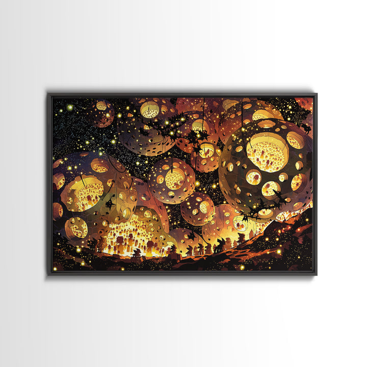 Glowing African Lantern Festival Canvas Print, Magical Night Wall Decor, Boho Afrocentric Art, Warm Golden Home Decor Gift