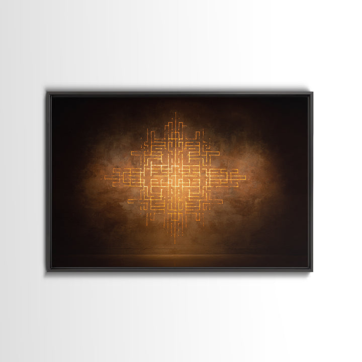 Glowing Gold Geometric Totem Canvas Print, African Abstract Wall Decor, Spiritual Symbol Art, Warm Brown Luxury Home Decor