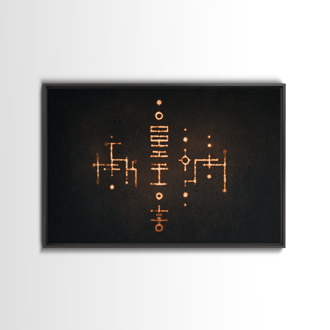 Glowing Orange Tribal Markings Canvas Print, African Symbol Wall Decor, Minimalist Black Abstract Art, Spiritual Home Decor