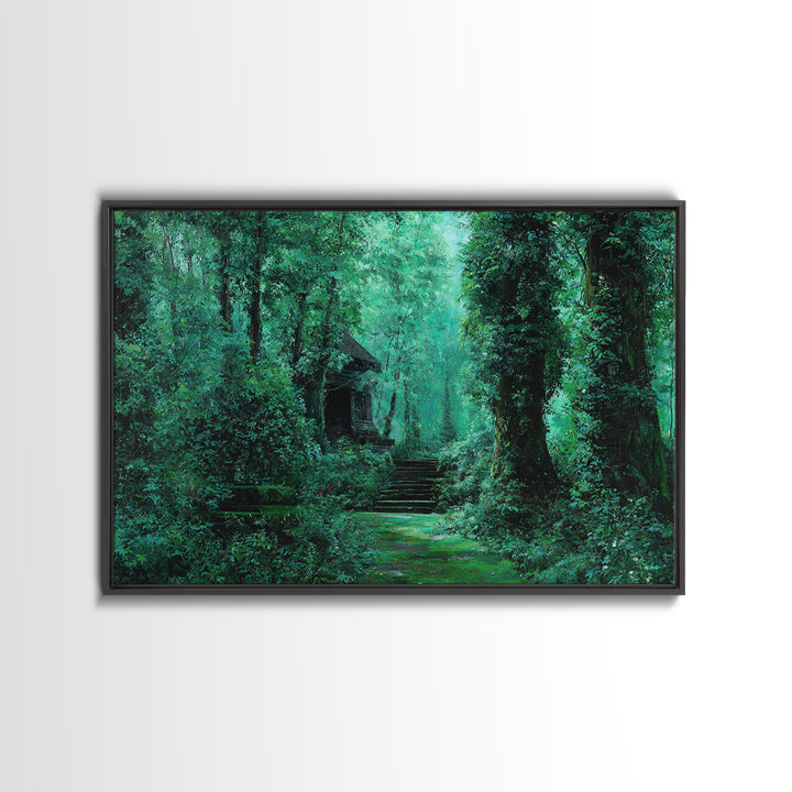 Emerald Forest Ruins And Stone Steps Canvas Print, African Landscape Wall Decor, Mystical Jungle Art, Dreamy Green Home Decor