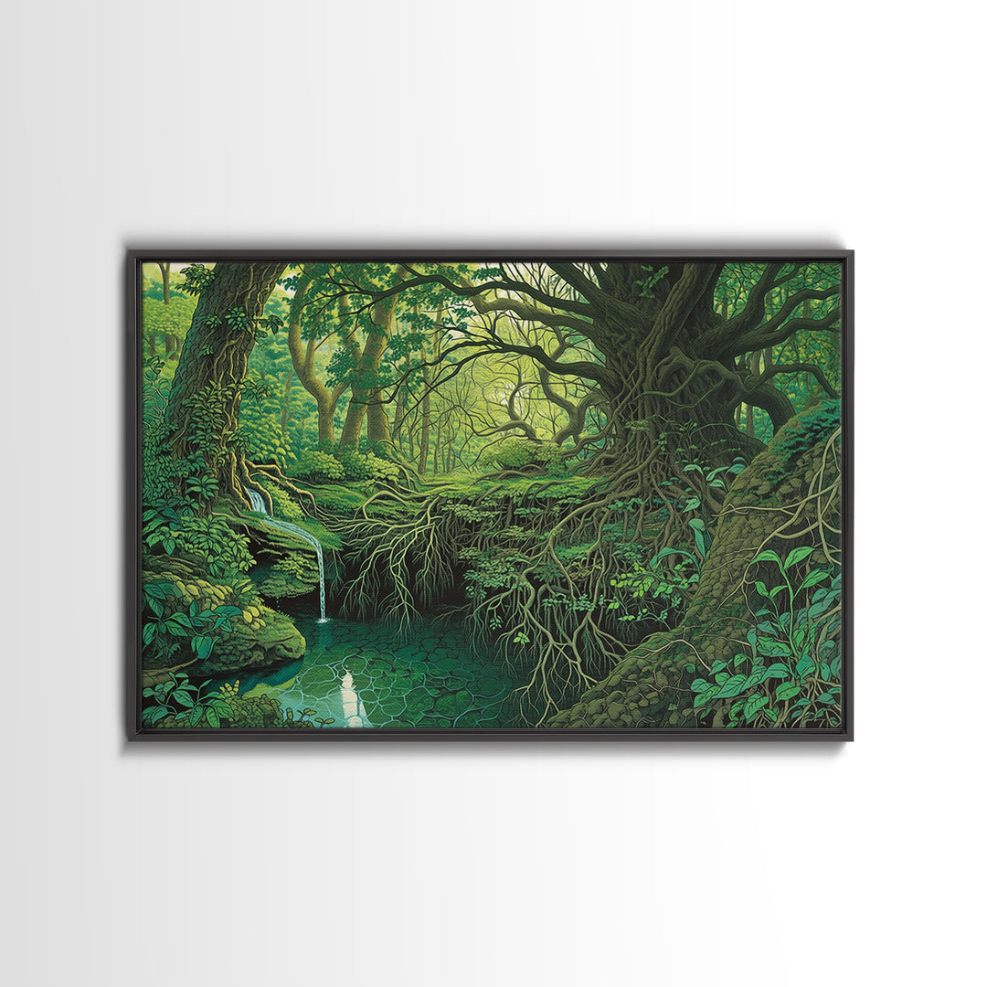 Ancient Emerald Forest Creek And Twisted Roots Wall Art, Green Nature Landscape Canvas, Mystical Jungle Home Decor For Living Room