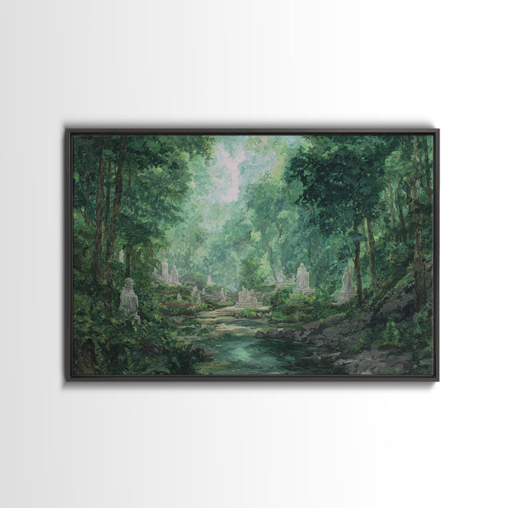 Misty Forest Ruins With Statues And Stream Wall Art, Green Nature Landscape Painting, Dreamy Garden Decor For Living Room