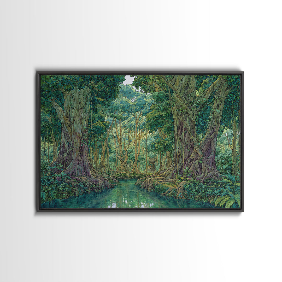 Lush Jungle River Between Towering Trees Canvas Print, Green Nature Landscape Wall Decor, Boho Tropical Living Room Art Print
