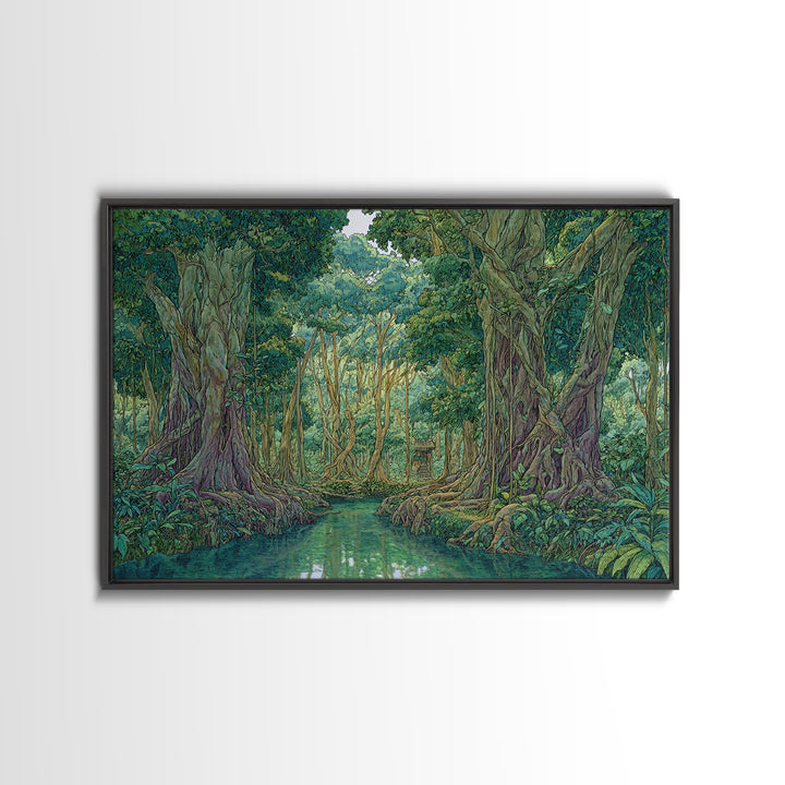 Lush Jungle River Between Towering Trees Canvas Print, Green Nature Landscape Wall Decor, Boho Tropical Living Room Art Print