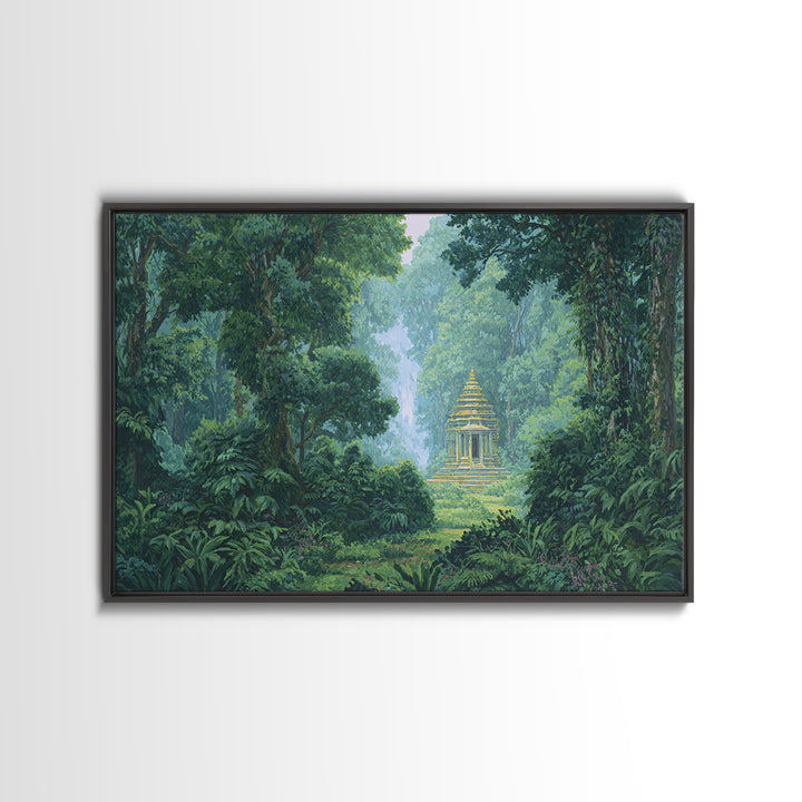 Hidden Golden Temple In Misty Jungle Framed Canvas Print, Green Nature Landscape Wall Decor, Spiritual Tropical Home Art