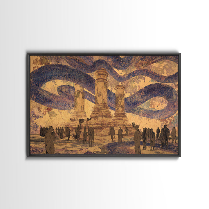 Ancient Columns Beneath Giant Serpent Canopy Wall Art, Surreal African Inspired Fantasy Landscape, Statement Home Decor Art