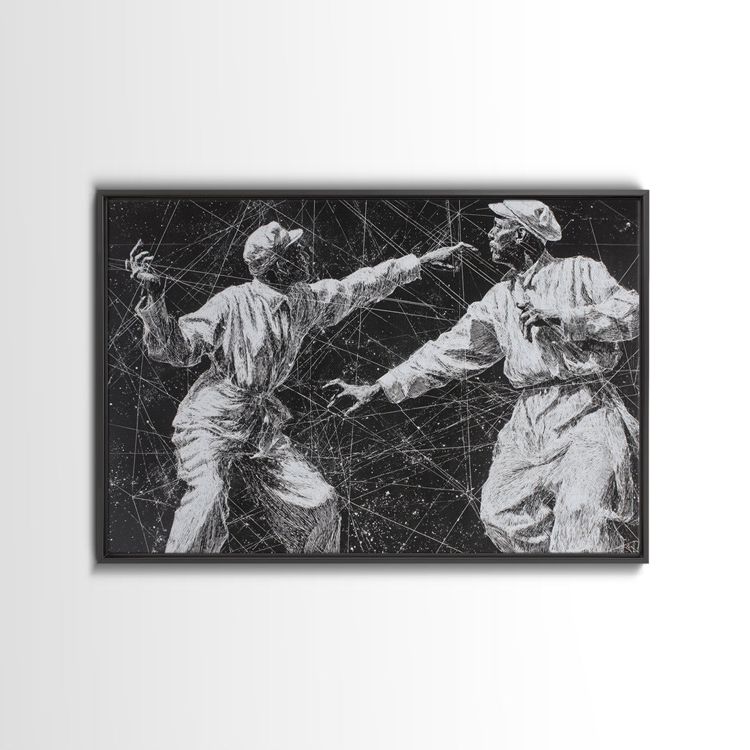 Black And White African Dancers Under Star Lines Wall Art, Afrocentric Art Print, Black Culture Decor, Modern Tribal Artwork