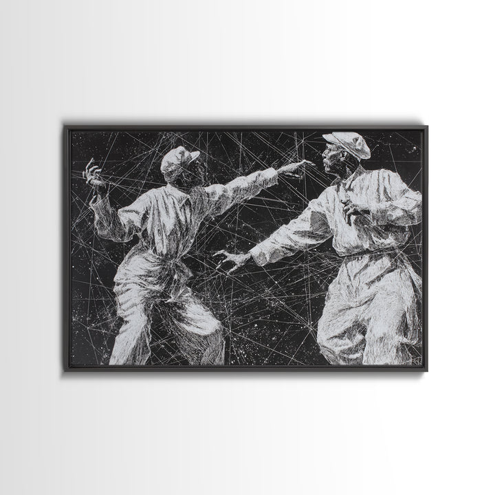 Black And White African Dancers Under Star Lines Wall Art, Afrocentric Art Print, Black Culture Decor, Modern Tribal Artwork
