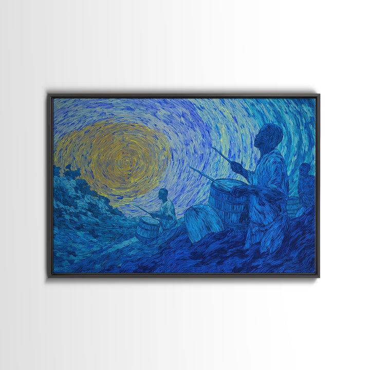 Blue African Drummers Beneath Swirling Sun Canvas Print, Tribal Music Wall Art, Afrocentric Decor, Cultural Home Gift For Him