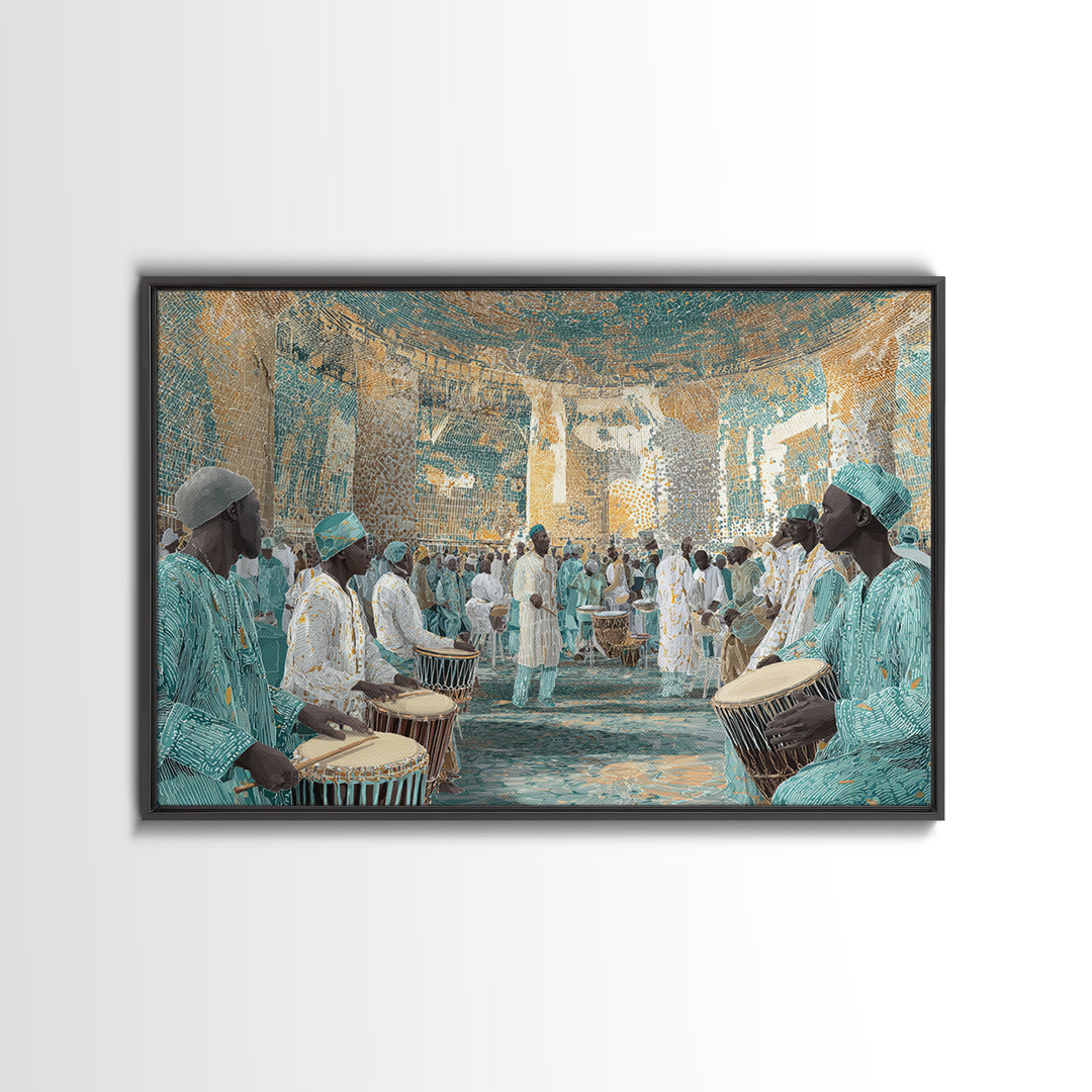 Turquoise African Drum Ceremony In Ornate Hall Framed Canvas Print, Afrocentric Wall Art, Cultural Decor, Luxury Home Gift