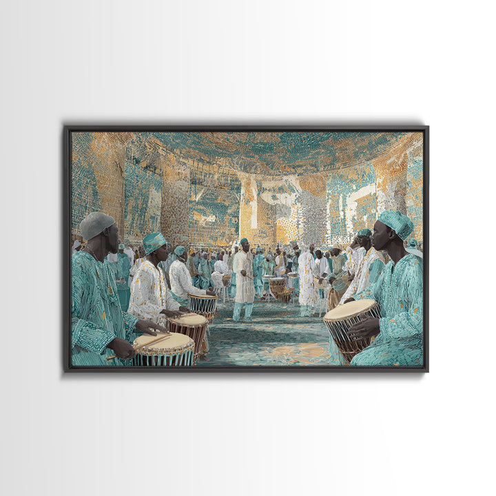 Turquoise African Drum Ceremony In Ornate Hall Framed Canvas Print, Afrocentric Wall Art, Cultural Decor, Luxury Home Gift