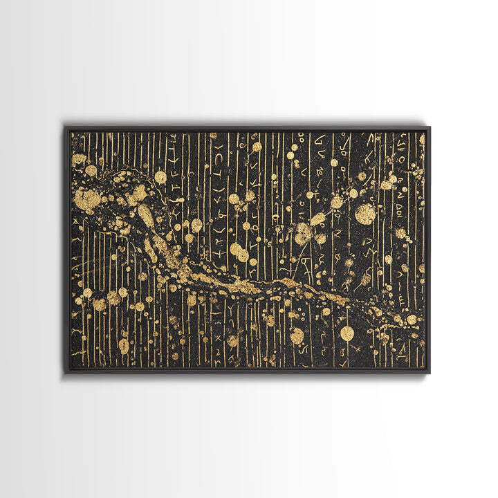 Black Gold Ancient Script Abstract Wall Art, African Inspired Luxury Canvas Decor, Textured Tribal Pattern Home Accent Print