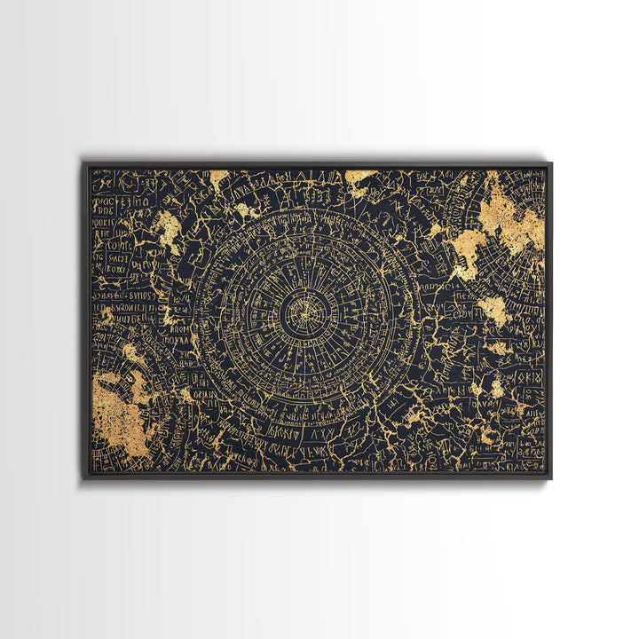 Gold Circular Ancient Map Wall Art, African Inspired Abstract Pattern, Tribal Astronomy Decor, Luxury Black Canvas Print