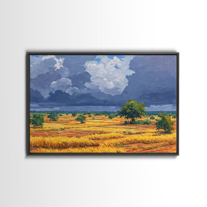 Golden African Plains Under Storm Clouds Canvas Print, Savanna Landscape Wall Art, Safari Decor, Modern Home Decor Gift For Him