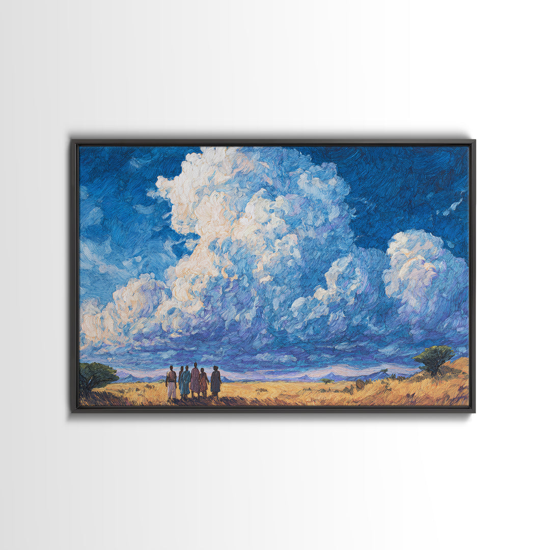 Maasai Figures Beneath Towering Blue Clouds Wall Art, African Landscape Canvas Print, Cultural Art, Living Room Decor Gift