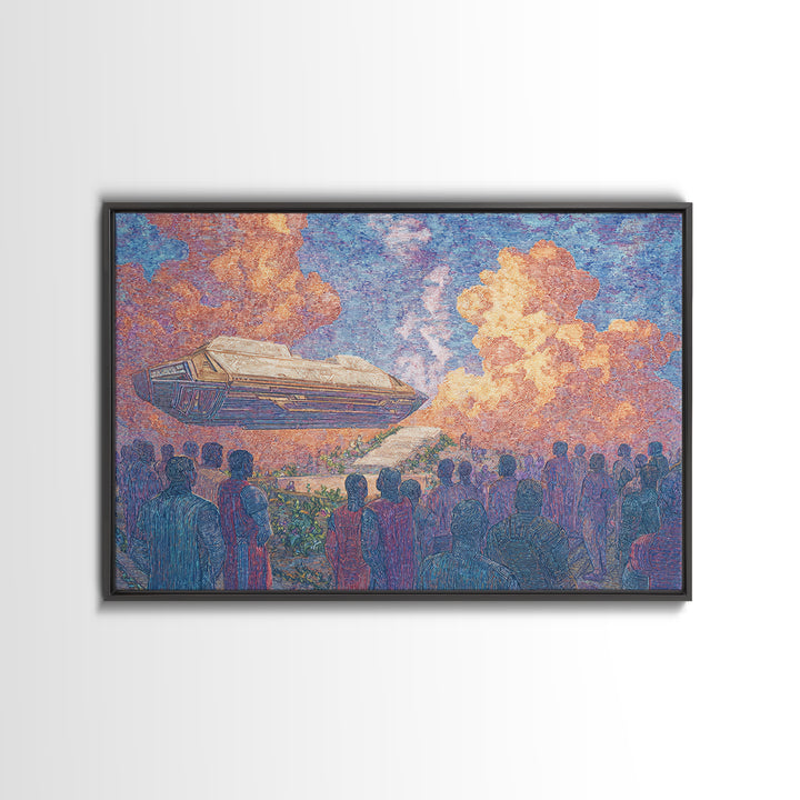 Afrofuturist Airship Above African Crowd Wall Art, Sci Fi Canvas Print, Black Culture Art, Bold Home Decor, Unique Gift For Him